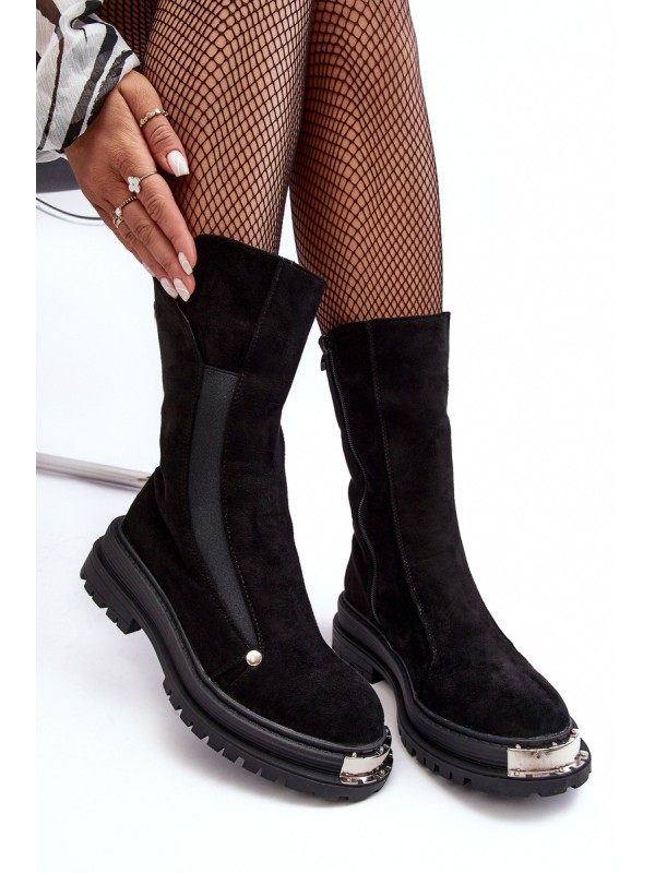 Suede Lined Flat Heeled Boots Black Palimra