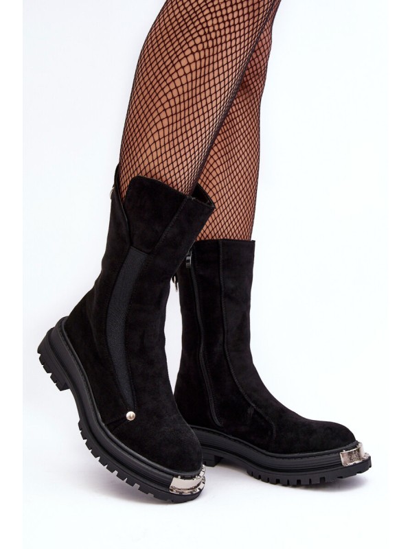 Suede Lined Flat Heeled Boots Black Palimra