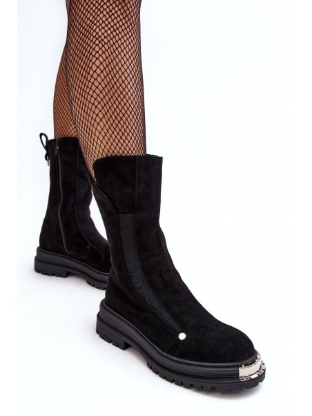 Suede Lined Flat Heeled Boots Black Palimra