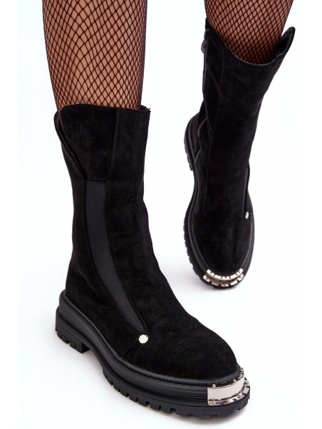 Suede Lined Flat Heeled Boots Black Palimra