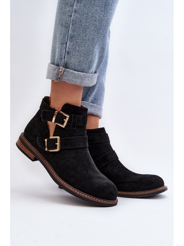 Women's Flat Heel Ankle Boots with Straps Black Melviana