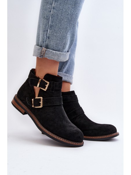 Women's Flat Heel Ankle Boots with Straps Black Melviana