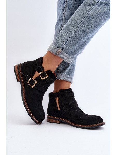Women's Flat Heel Ankle Boots with Straps Black Melviana