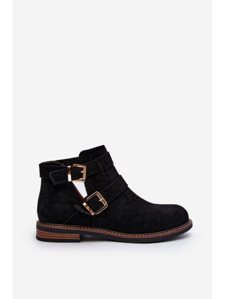 Women's Flat Heel Ankle Boots with Straps Black Melviana