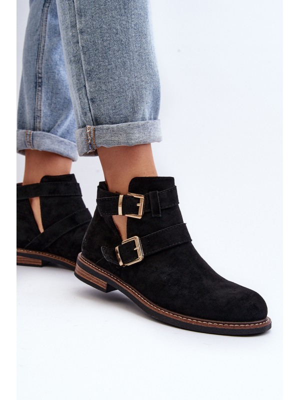 Women's Flat Heel Ankle Boots with Straps Black Melviana