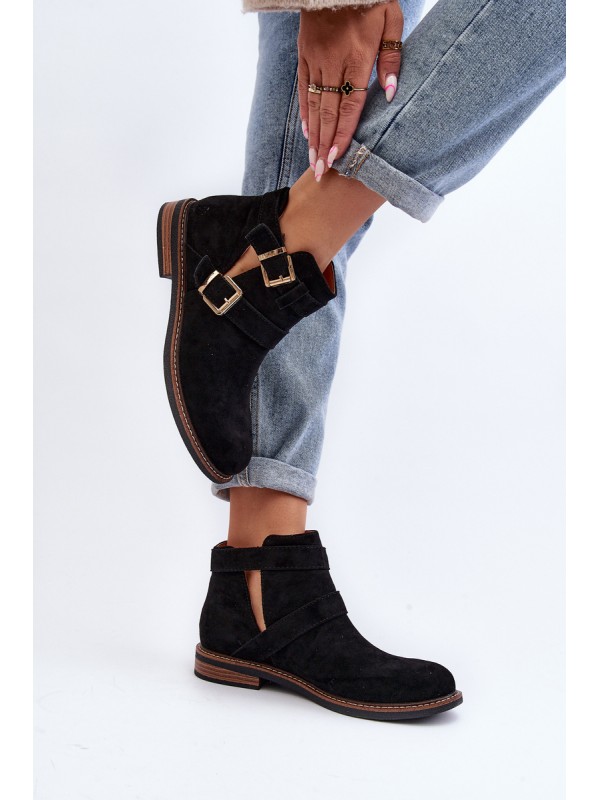 Women's Flat Heel Ankle Boots with Straps Black Melviana