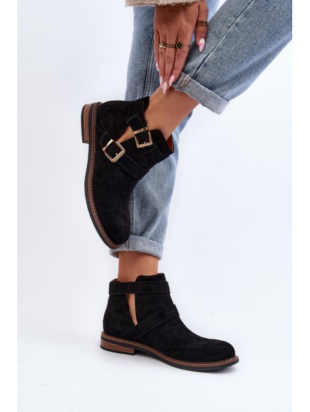 Women's Flat Heel Ankle Boots with Straps Black Melviana