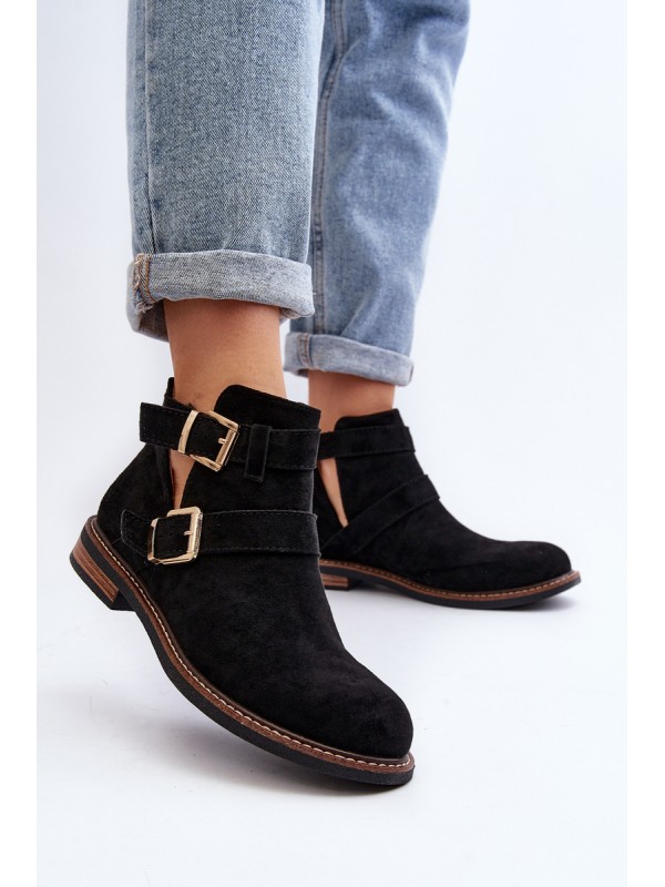 Women's Flat Heel Ankle Boots with Straps Black Melviana