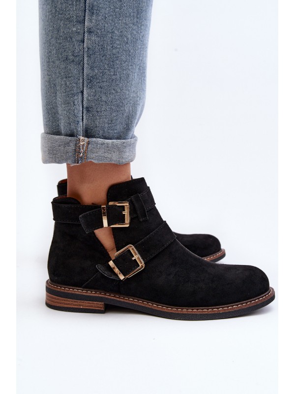 Women's Flat Heel Ankle Boots with Straps Black Melviana