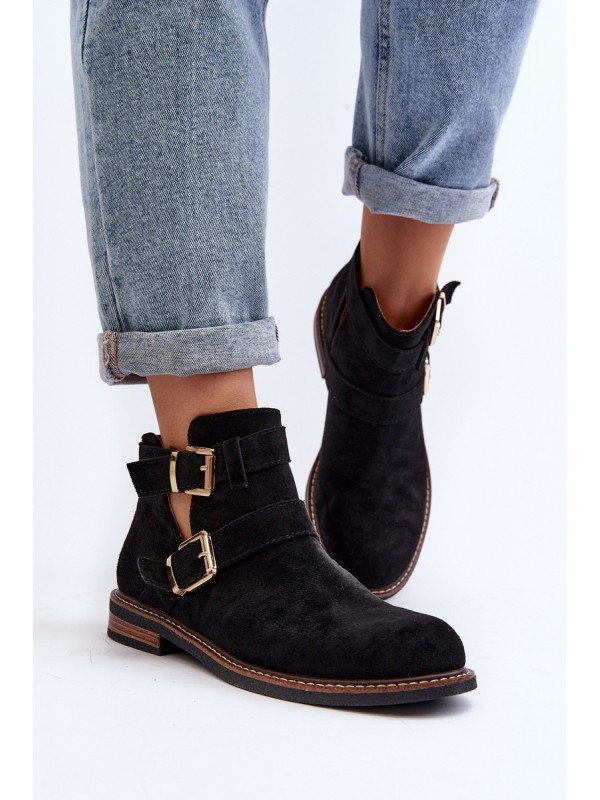 Women's Flat Heel Ankle Boots with Straps Black Melviana