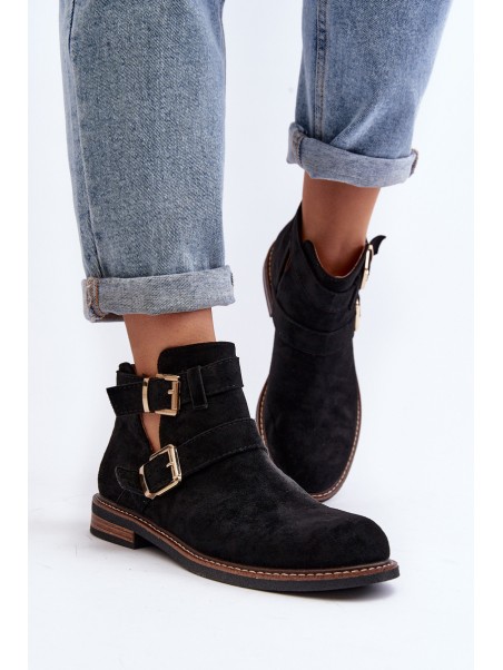 Women's Flat Heel Ankle Boots with Straps Black Melviana
