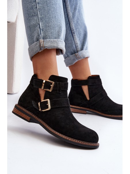 Women's Flat Heel Ankle Boots with Straps Black Melviana