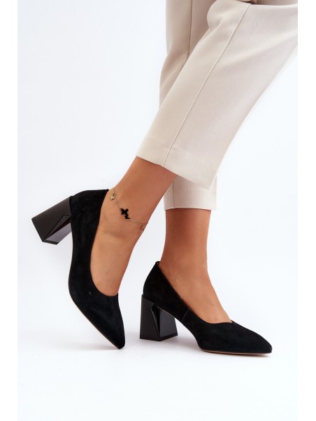 Black Suede Court Shoes with Chunky Heel Alessyndra