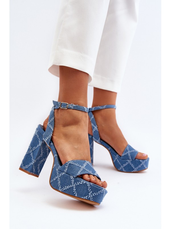 Denim Sandals with Block Heel Blue Acrana