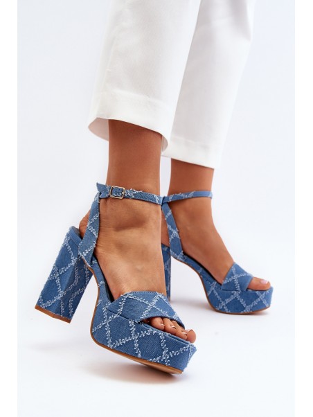 Denim Sandals with Block Heel Blue Acrana