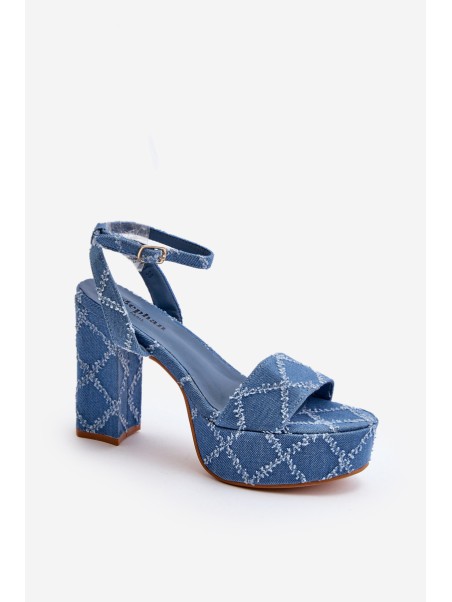 Denim Sandals with Block Heel Blue Acrana