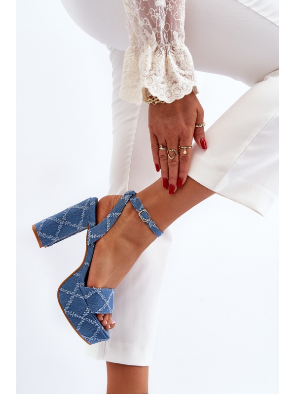 Denim Sandals with Block Heel Blue Acrana