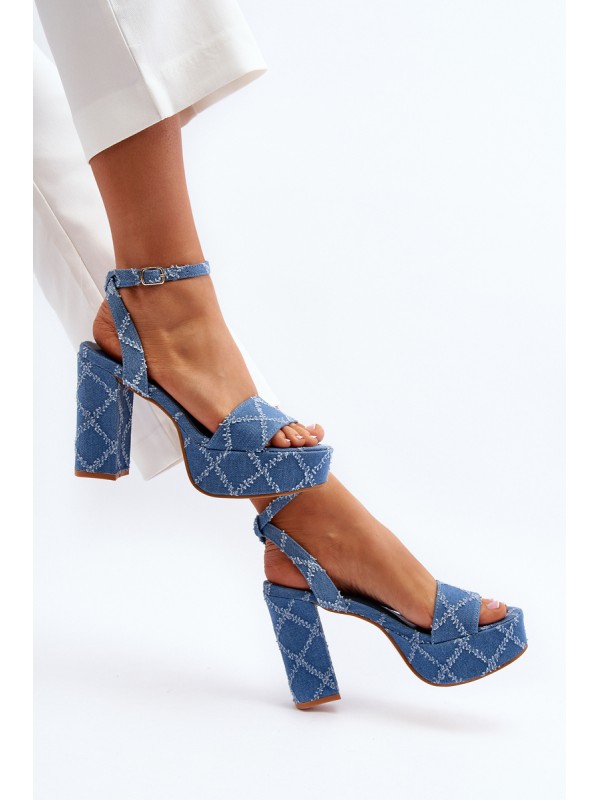 Denim Sandals with Block Heel Blue Acrana