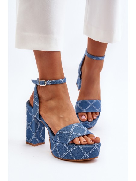 Denim Sandals with Block Heel Blue Acrana