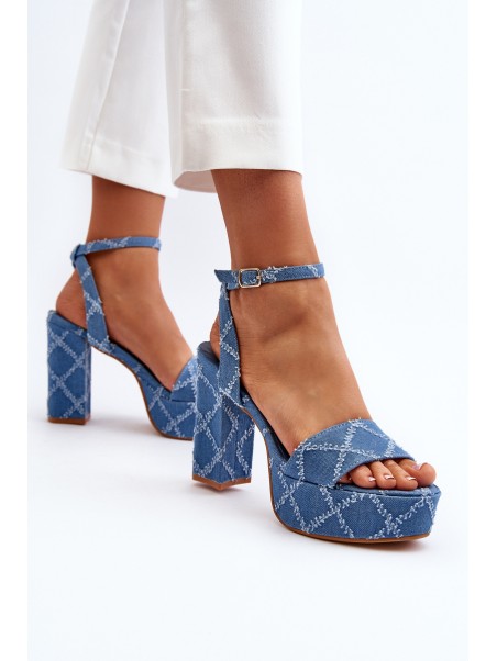 Denim Sandals with Block Heel Blue Acrana
