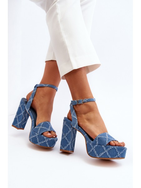 Denim Sandals with Block Heel Blue Acrana