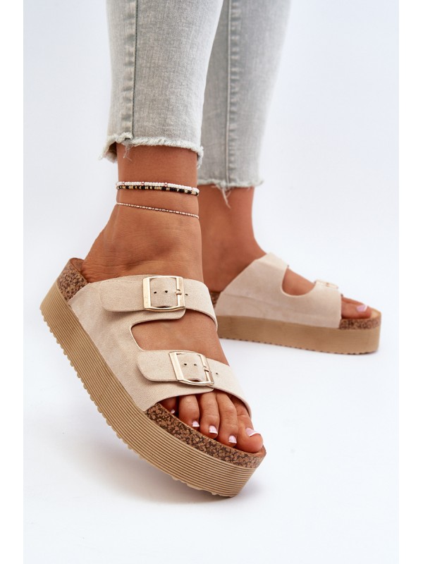 Women's Platform Sandals with Buckles Beige Lolpey
