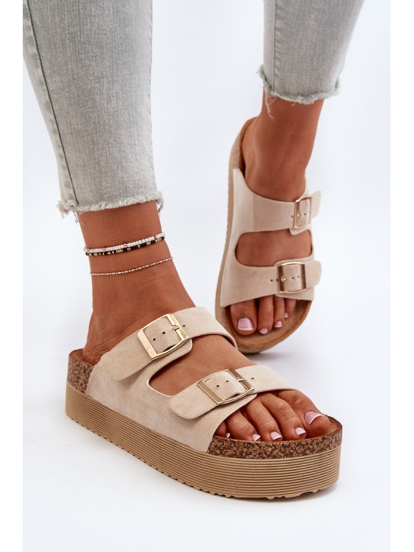 Women's Platform Sandals with Buckles Beige Lolpey