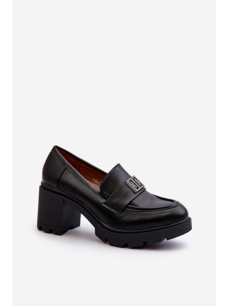 Women's shoes on chunky heel with ornament Black Ranunca