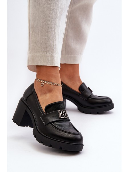 Women's shoes on chunky heel with ornament Black Ranunca