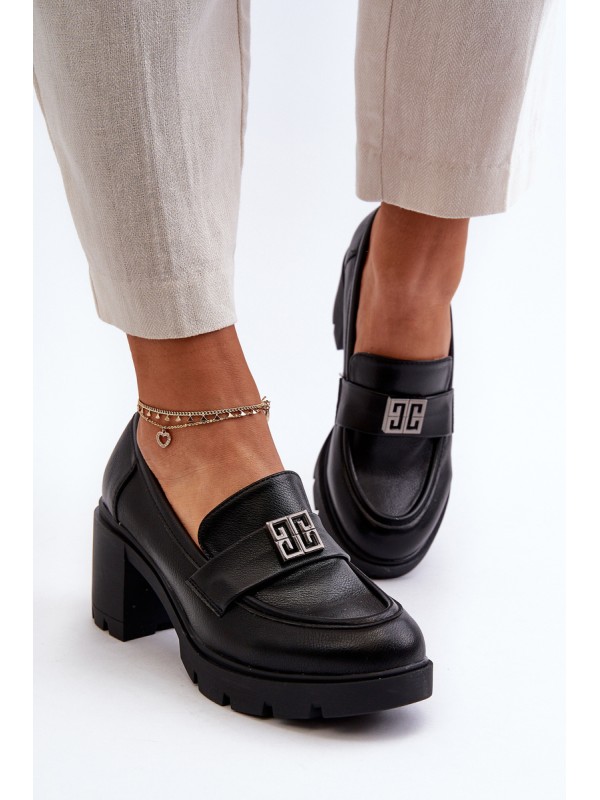 Women's shoes on chunky heel with ornament Black Ranunca