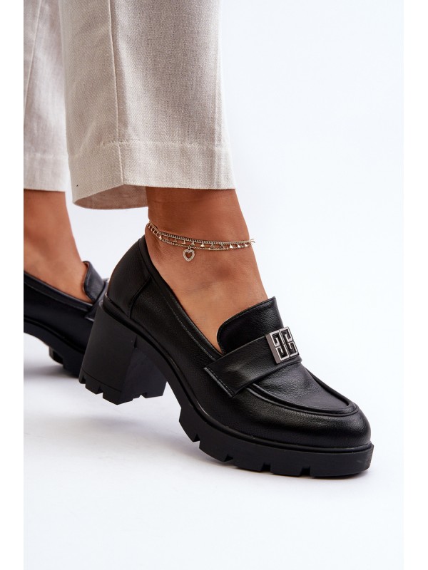 Women's shoes on chunky heel with ornament Black Ranunca