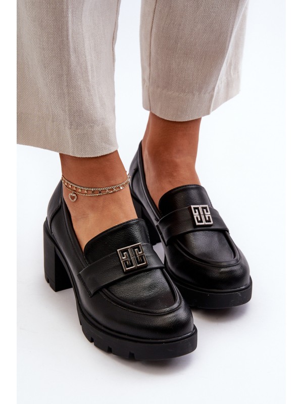 Women's shoes on chunky heel with ornament Black Ranunca