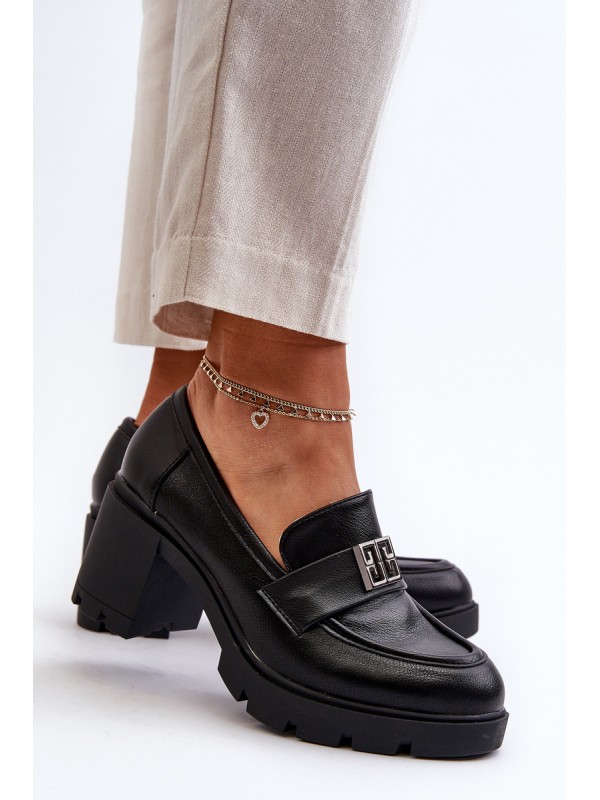 Women's shoes on chunky heel with ornament Black Ranunca