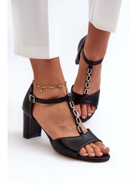 Women's Sandals with High Heel and Decorative Eco Leather Strap Black Triavera