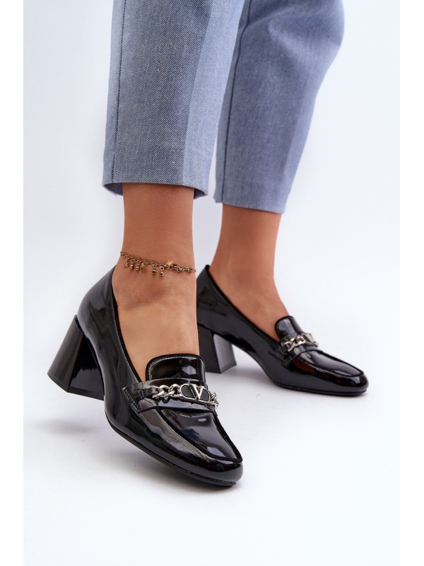 Black Patent Low Heel Court Shoes with Decoration Makki