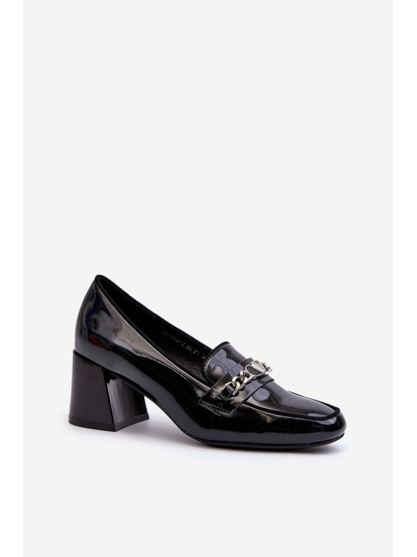 Black Patent Low Heel Court Shoes with Decoration Makki