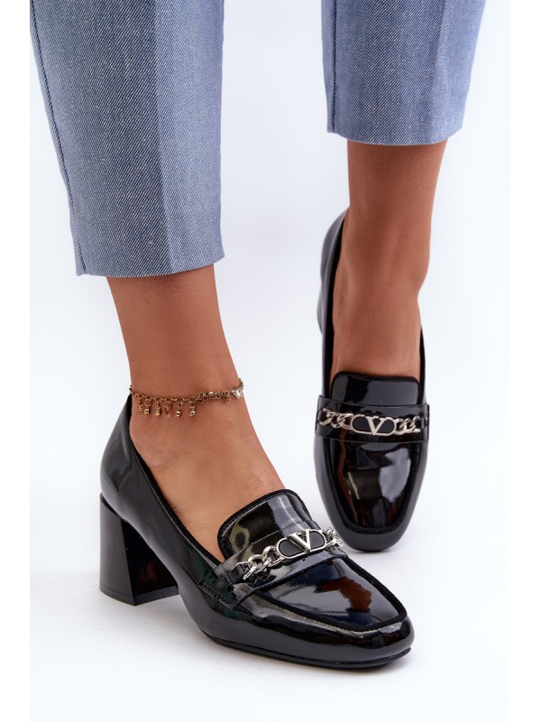 Black Patent Low Heel Court Shoes with Decoration Makki