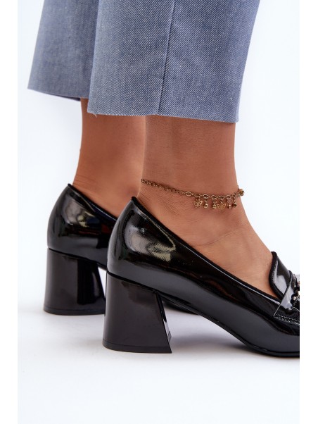 Black Patent Low Heel Court Shoes with Decoration Makki