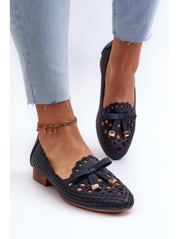 Women's Navy Blue Cutout Ballerina Flats with Bow Nestavia