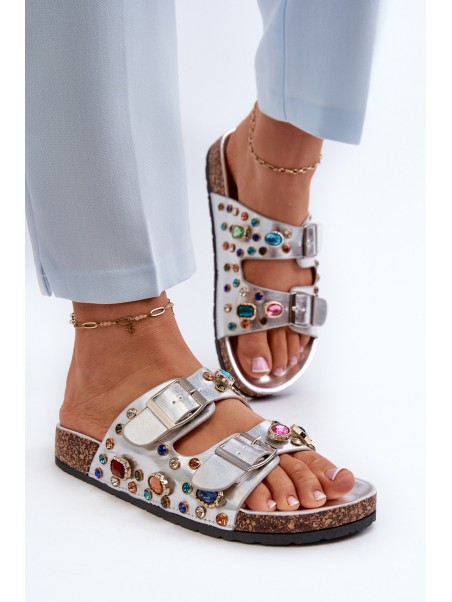 Decorated Women's Slippers With Buckles S.Barski MY121 Silver