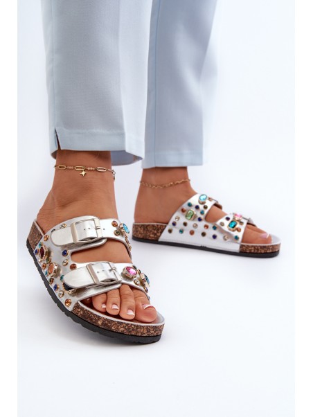 Decorated Women's Slippers With Buckles S.Barski MY121 Silver
