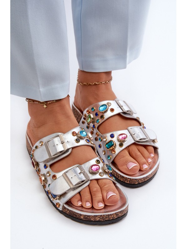 Decorated Women's Slippers With Buckles S.Barski MY121 Silver