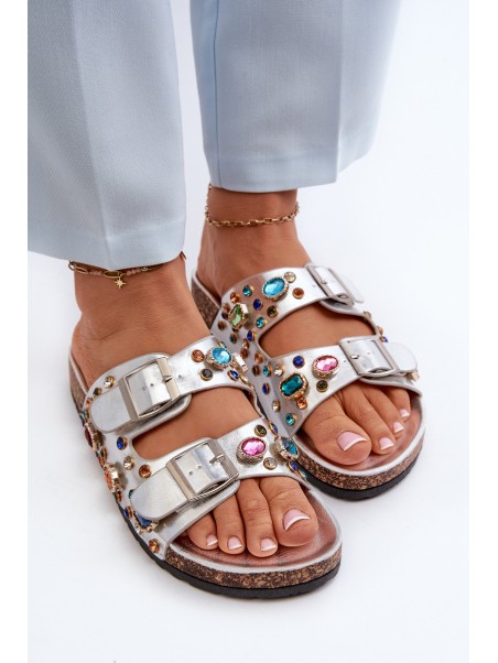 Decorated Women's Slippers With Buckles S.Barski MY121 Silver