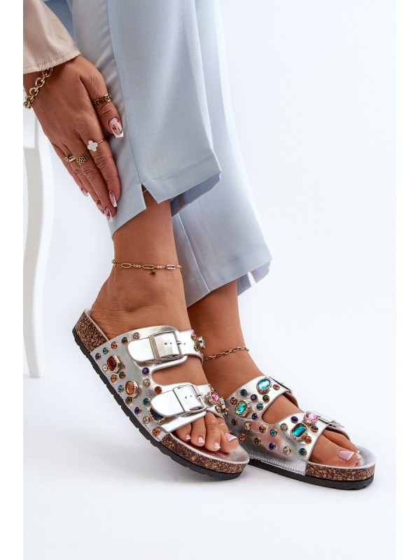 Decorated Women's Slippers With Buckles S.Barski MY121 Silver
