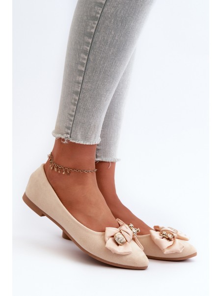 Women's Eco Suede Ballerina Flats with Bow and Brooch in Light Beige Satris