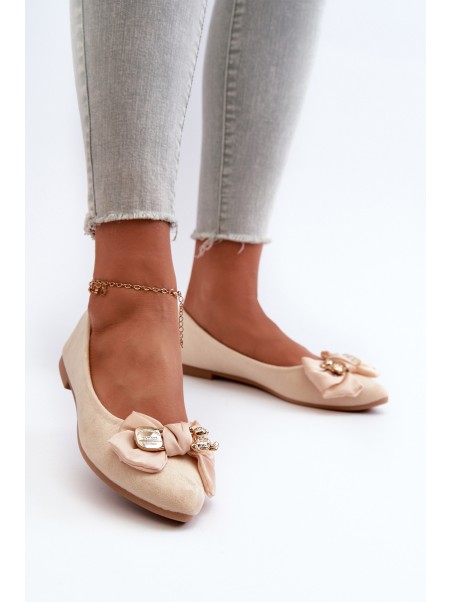Women's Eco Suede Ballerina Flats with Bow and Brooch in Light Beige Satris