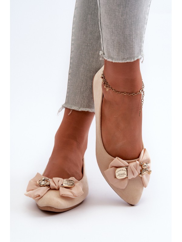 Women's Eco Suede Ballerina Flats with Bow and Brooch in Light Beige Satris