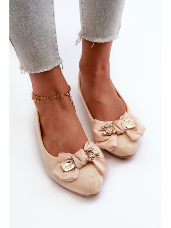 Women's Eco Suede Ballerina Flats with Bow and Brooch in Light Beige Satris