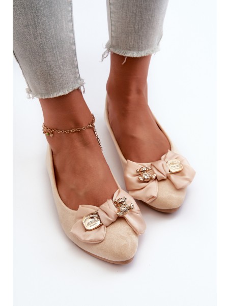 Women's Eco Suede Ballerina Flats with Bow and Brooch in Light Beige Satris