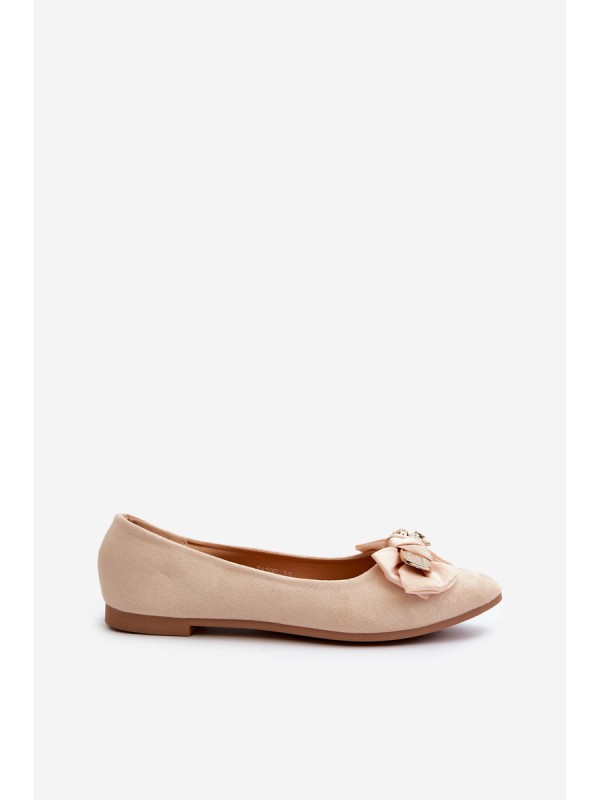 Women's Eco Suede Ballerina Flats with Bow and Brooch in Light Beige Satris